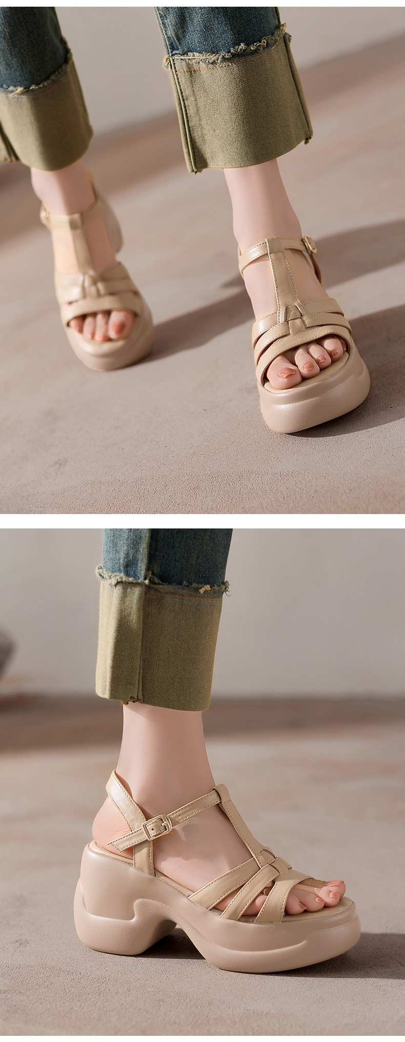 Sandal nữ hở mũi da bò thật gót xuồng đế dày quai chữ T — màu trắng ngà chi tiết 4