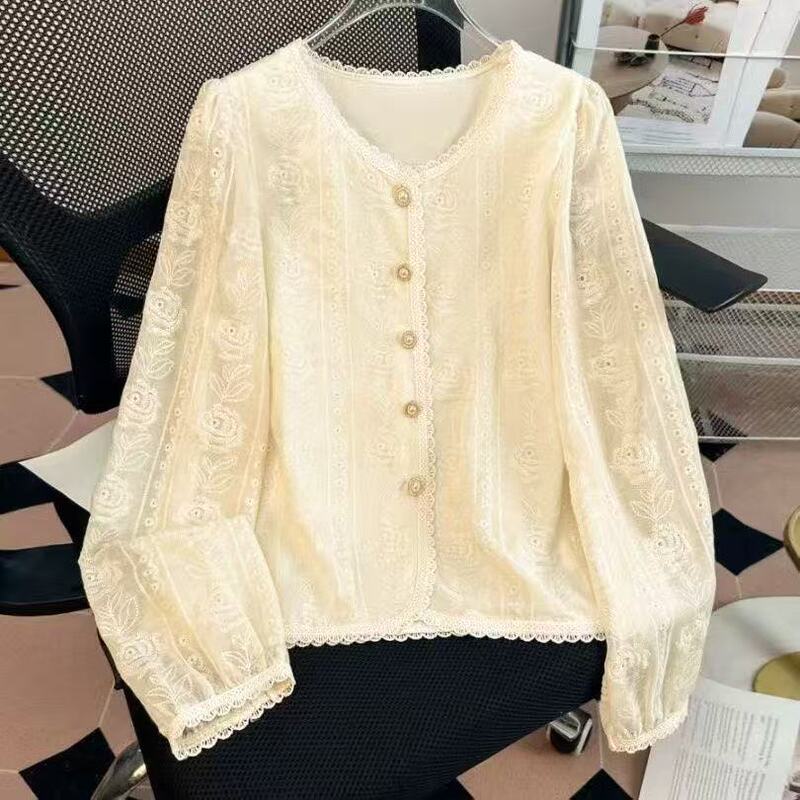 French Style Long-Sleeved Lace Shirt for Women, Spring & Fall Style, Accessible Luxury and High-End Tops, 2025 New Style Shirts