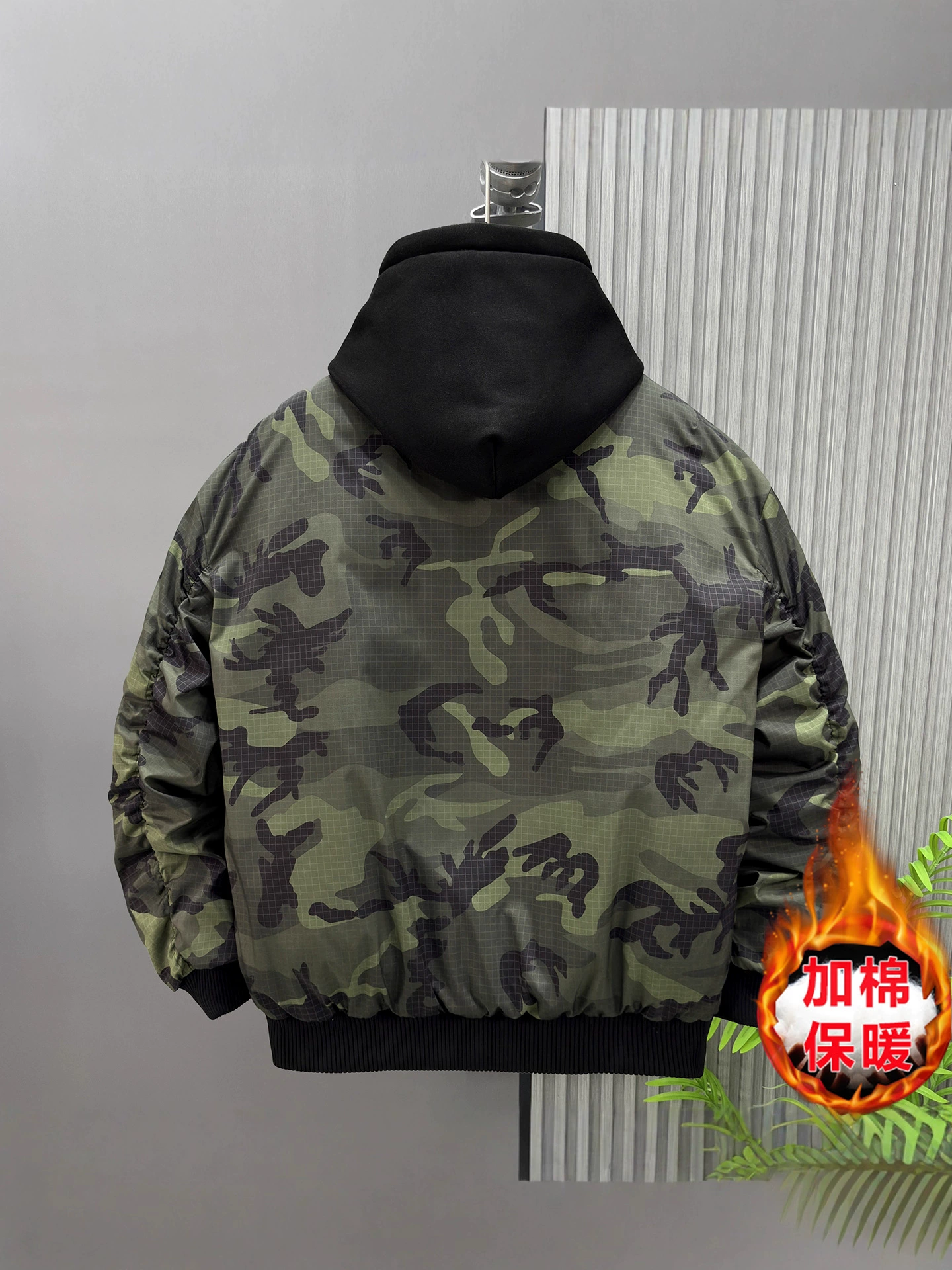 Куртка casual ретро камуфляж, утеплённая толстая, большие размеры 5XL–11XL, чёрная/камуфляж