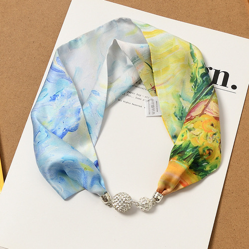 Necklace style silk scarf spring and summer pearl magnetic buckle clavicle neck scarf small scarf high-end lazy wrist strap headband