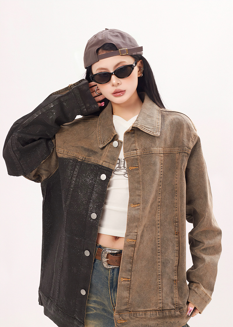 Abbigliamento maschile Giacca in denim retrò con colori a contrasto per uomo e donna, maniche lunghe, design con giunture, giacca alla moda di alta qualità, cardigan da coppia_voghion.com
