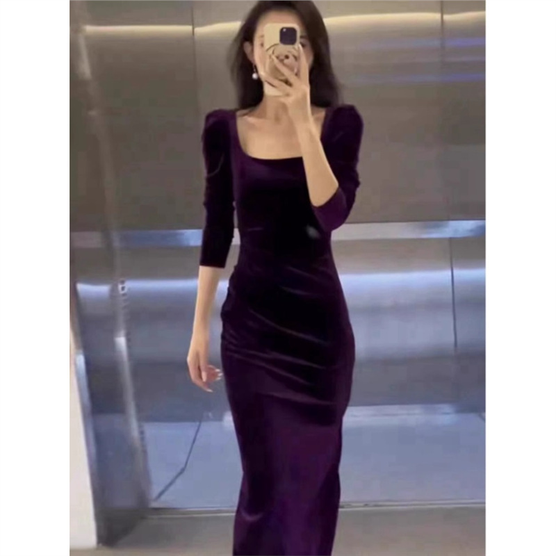 3011 Autumn and Winter New French Temperament High-end Royal Sister Formal Occasion High-end Dress Purple Velvet 3011 Autumn and Winter New French Temperament High-end Royal Sister Formal Occasion High-end Dress Purple Velvet