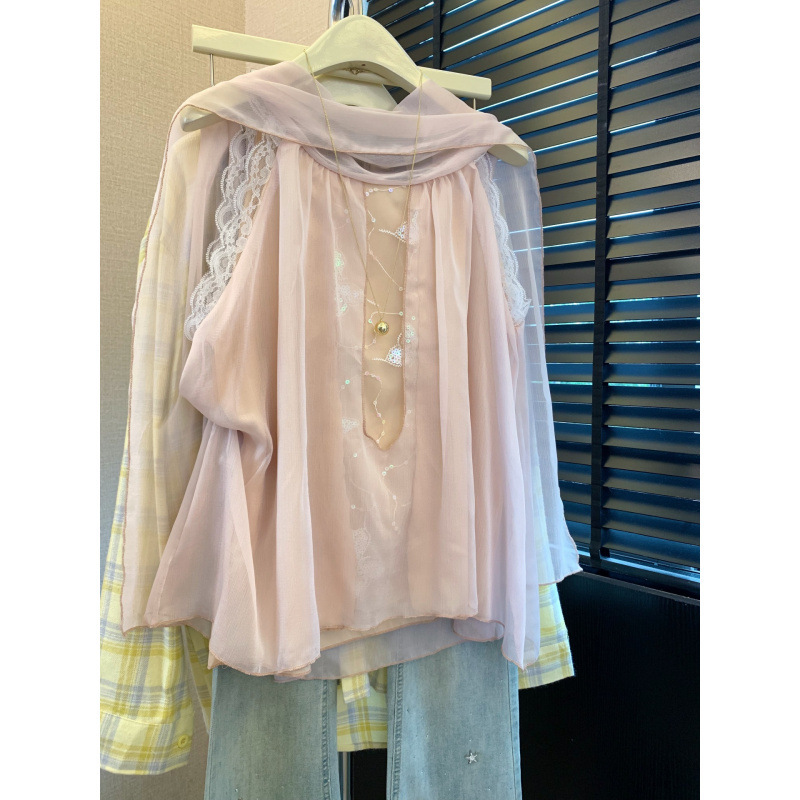Real Shot~French-Style Chiffon Flutter Collar Lace Patchwork Sleeveless Shirt for Women, Summer Design, Elegant Chiffon Blouse Top Real Shot~French-Style Chiffon Flutter Collar Lace Patchwork Sleeveless Shirt for Women, Summer Design, Elegant Chiffon Blouse Top