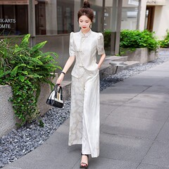 新しい中国風スーツ婦人服 2025 新しい夏服ファッショナブルなスタイルセレブ気質ライト高級ワイドレッグパンツツーピーストレンディセット