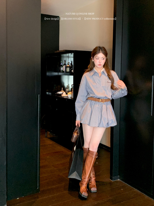 杨小卷 MIU系学院风设计感双层领格纹衬衫连衣裙女收腰花苞裙chic|undefined