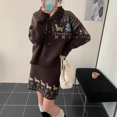 费尔岛撞色提花开衫毛衣女2025秋冬新款宽松百搭针织半身裙两件套