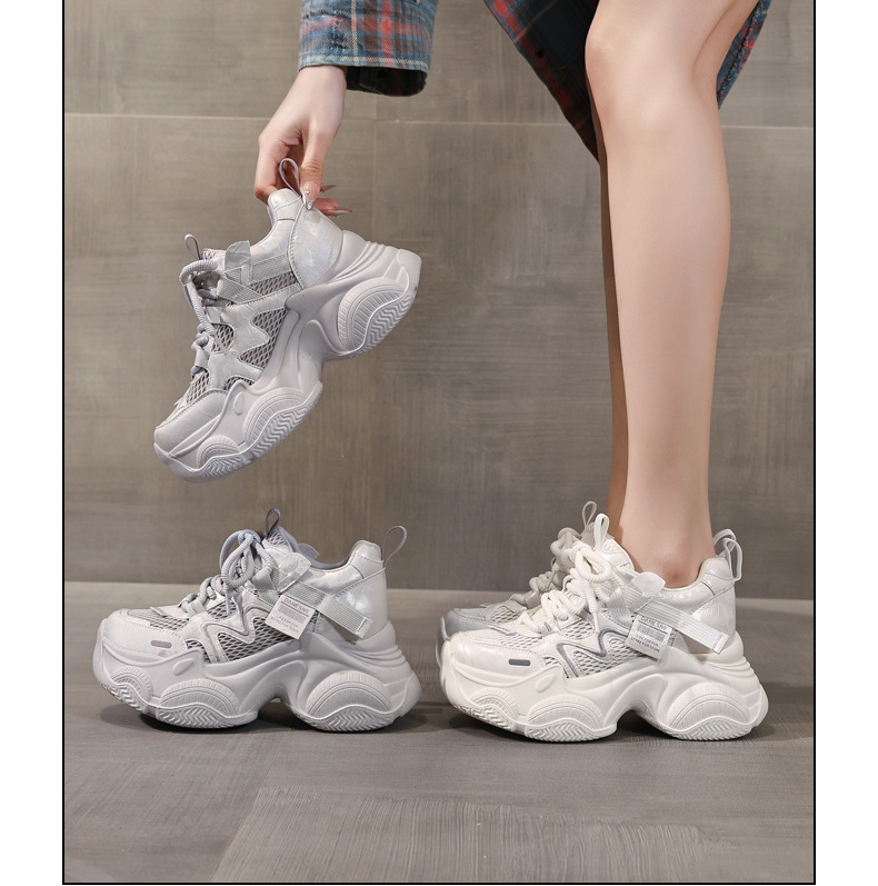 Giày sneaker nữ đế dày tăng chiều cao lưới thoáng khí phong cách thể thao — màu be chi tiết 16