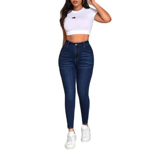 Vintage Deep Blue Full Thigh Mini Skirt Korean Style Hot Girl Polished White Wash Tight Bodice Miniskirt for Women