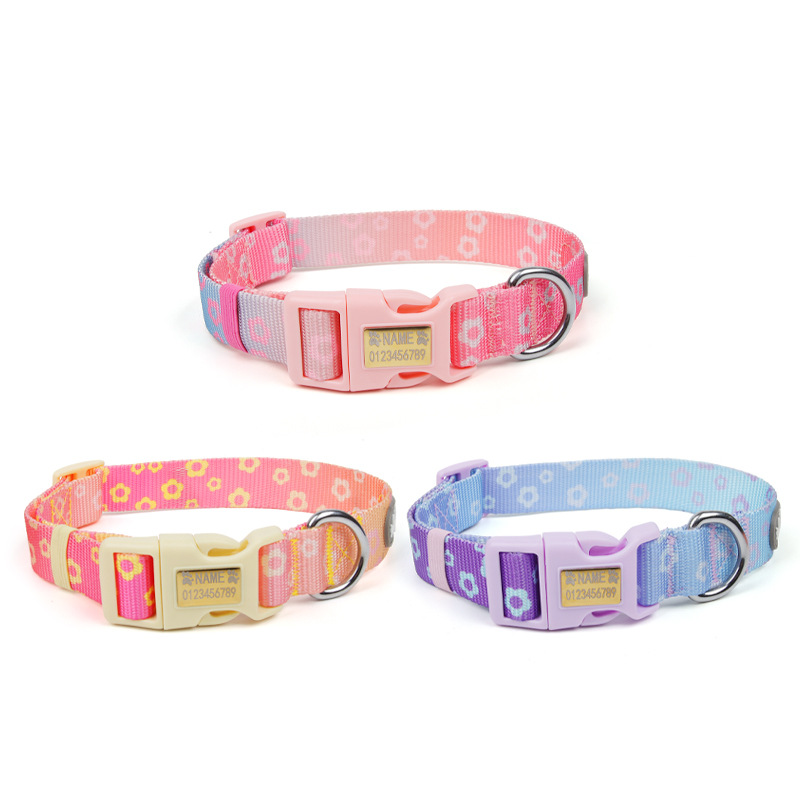 Fábrica de venta caliente perros collar de moda gradiente collar de tracción inscrito para evitar pérdida de artículos de mascotas de seguridad al por mayor