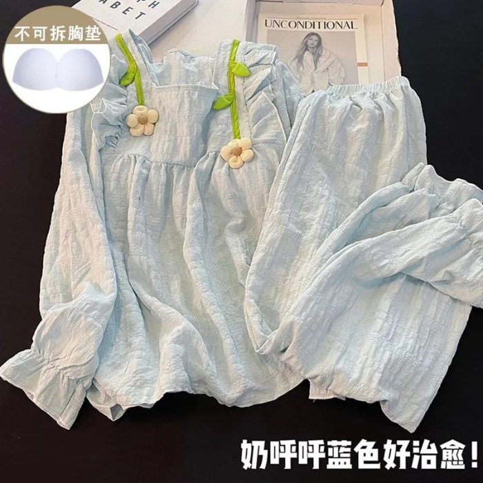 Pijamas de Manga Larga para Otoño e Invierno con Relleno en el Pecho para Mujer, Estilo Coreano 2025, Lindo Traje con Flores Pequeñas, Ropa de Dormir para Estudiantes