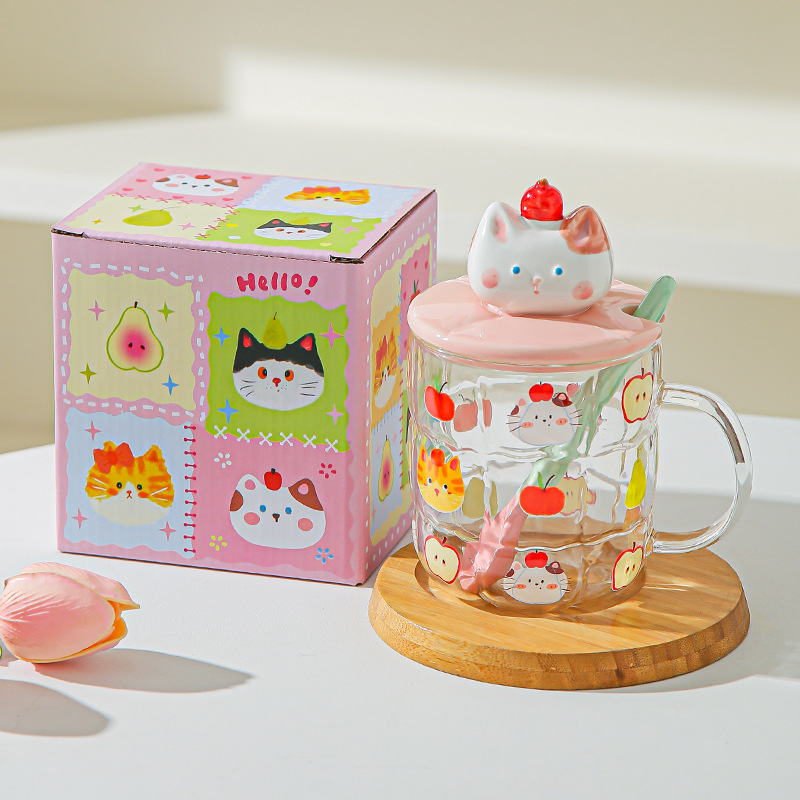 Gato estereoscópico pintado a mano alta resistencia al calor de vidrio de silicio de alta calidad de oficina con cubierta de cuchara de agua taza de dibujos animados taza de marca