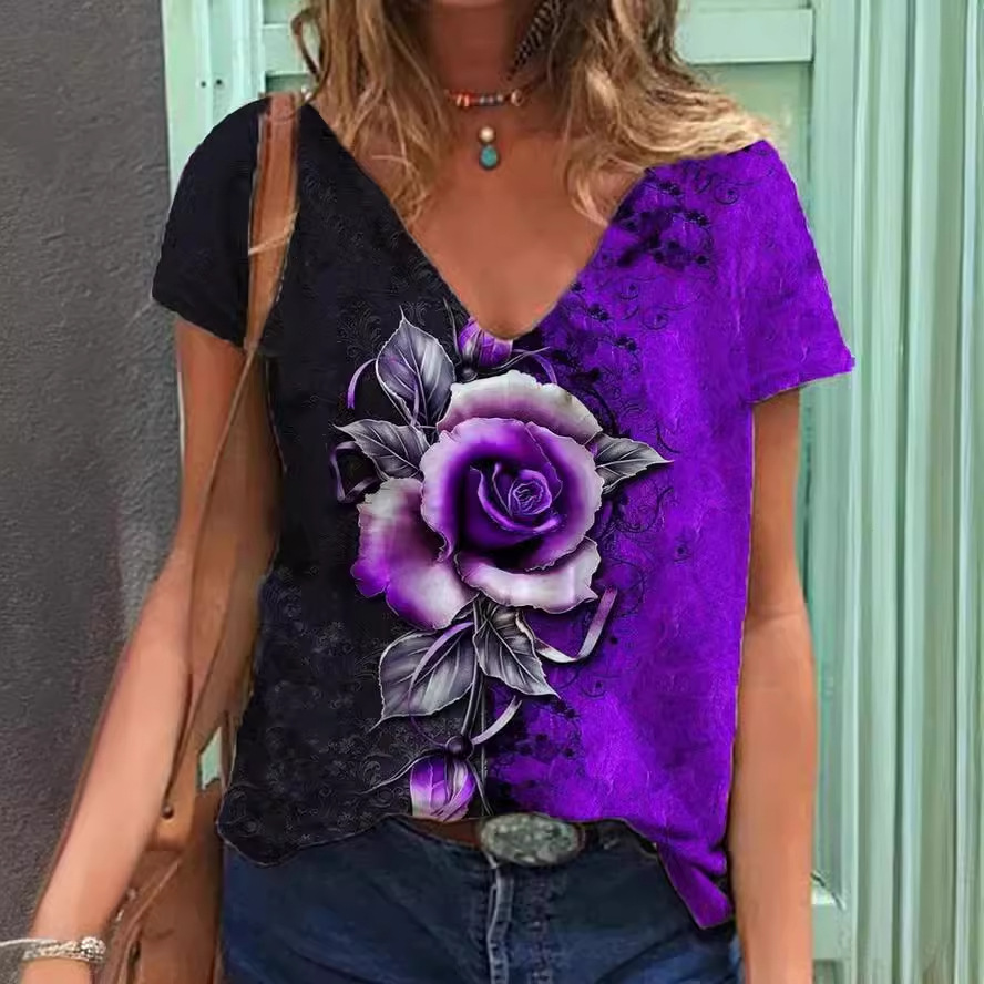 彩色玫瑰V领短袖T恤2023夏季宽松休闲简约百搭花朵打底衫女WB14