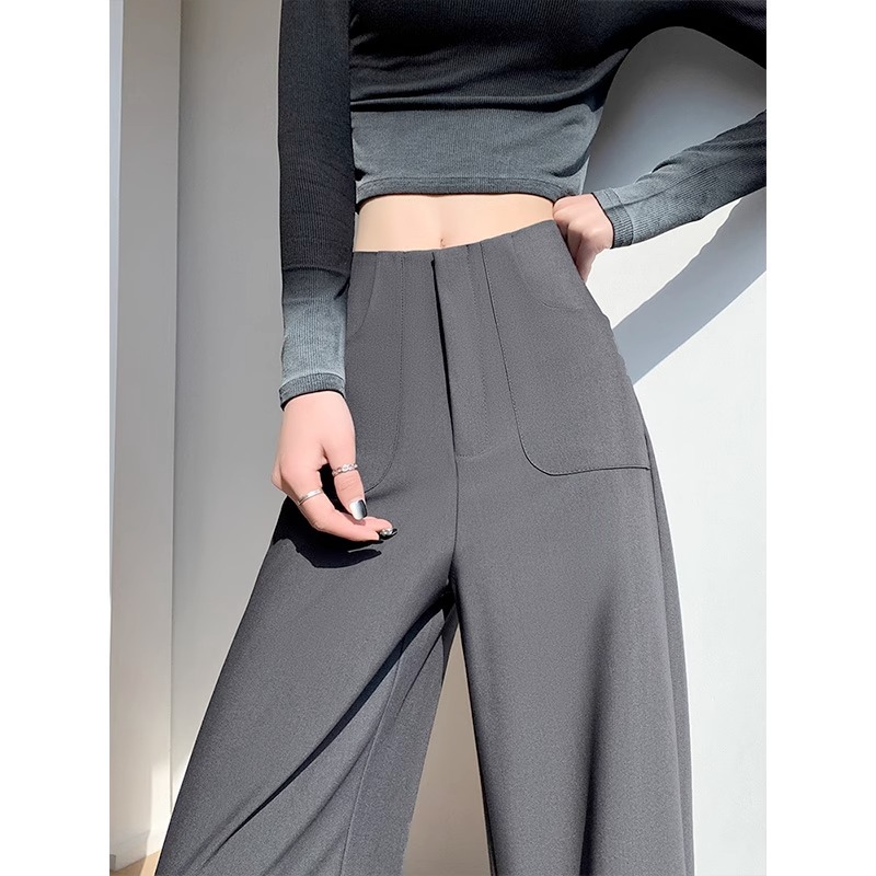 Pantalones de piernas anchas grises para mujeres 2025 primavera nueva cintura alta relajada relajada pantalones casuales rectos pantalones de traje estrechos