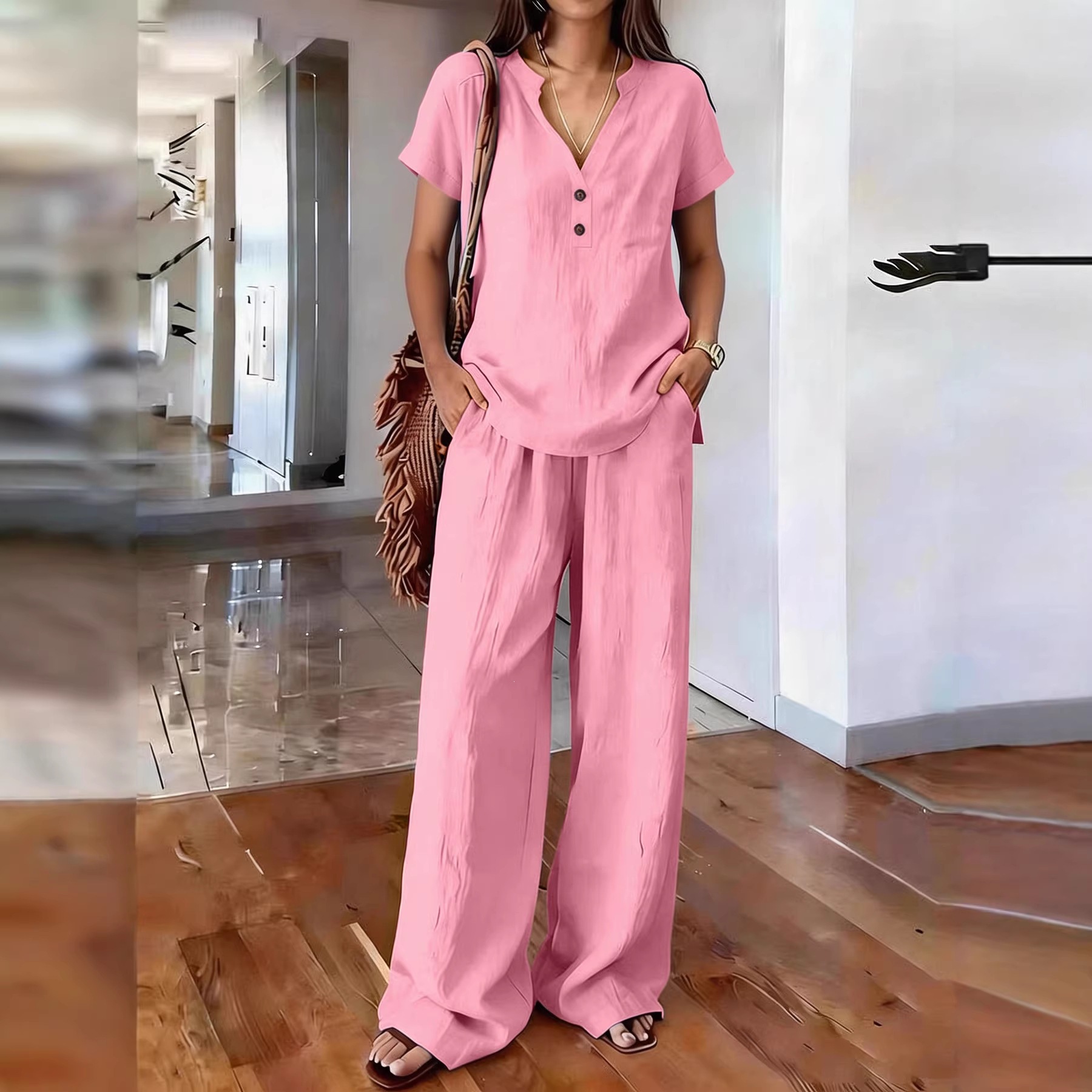 Women's Clothing Women's Casual Cotton Linen Top And Wide Leg Pants Set V Neck Button Up Old Money Style Solid Color_ecoleips.com