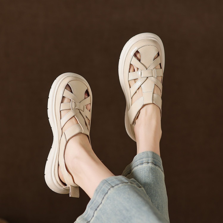 Sandal nữ đế dày da cừu phối quai ngang phong cách học đường — màu đen, màu trắng ngà chi tiết 71