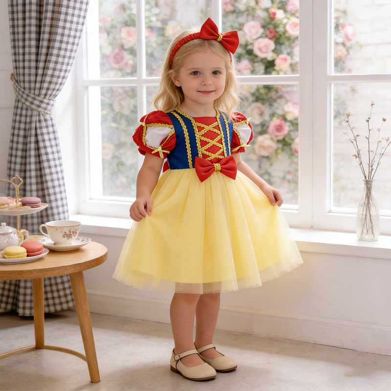 European and American Kidsren's Dress Princess Dress Fashionable Bow Little Girl Snow White Party Performance Dress Girl Dress