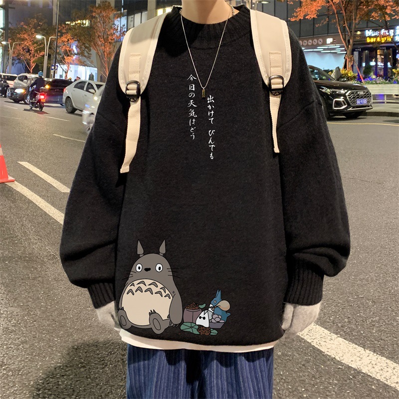 Otoño e invierno cuello redondo versátil dibujos animados impreso suéter hombres sueltos estilo universitario suéter gordo más tamaño suéter de moda