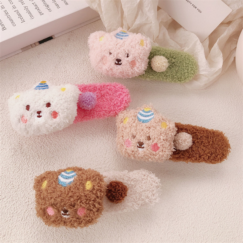 Clip de pelo de peluche lindo oso super grande clip de boca de pato de alto nivel de invierno / otoño lateral frisa clip de cabello de niña clip de cabello