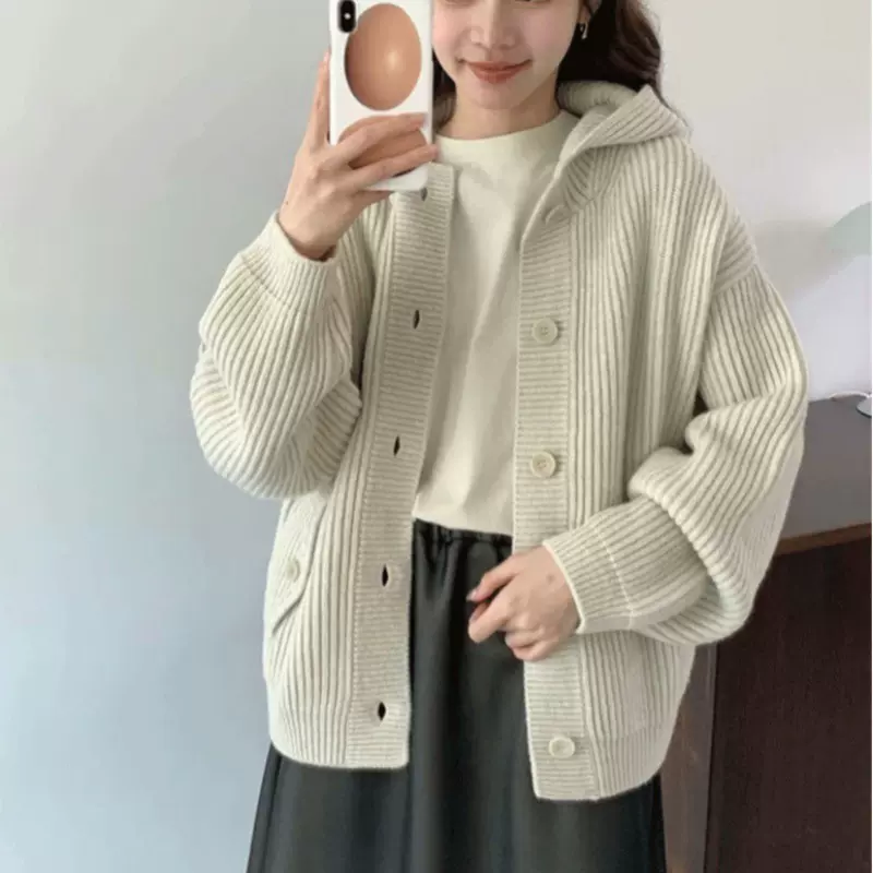 韩国东大门时尚休闲针织开衫上衣2025秋冬连帽坑条宽松加厚毛衣女