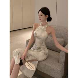 2025新款新中式改良旗袍气质绝美挂脖连衣裙女夏高级性感包臀长裙