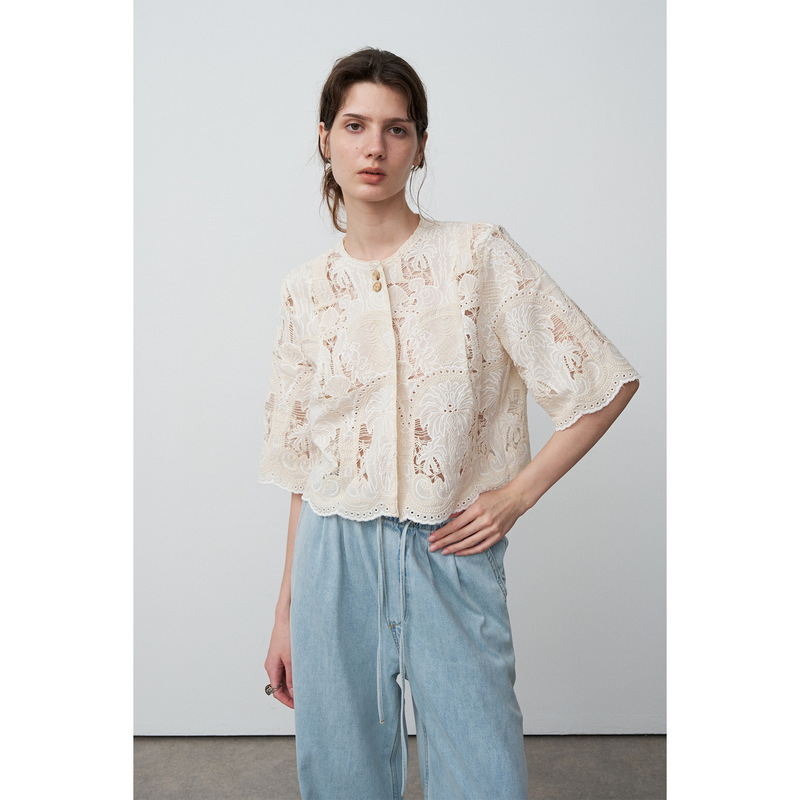 Neihe 2026 Summer New Heavy Lace Hollow-Out Cotton-Like Chiffon Blouse for Women 258686