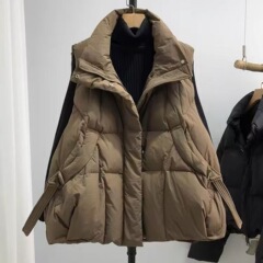 2025冬新款短羽绒棉马甲女立领加厚宽松三角扣飘带棉马夹背心外套