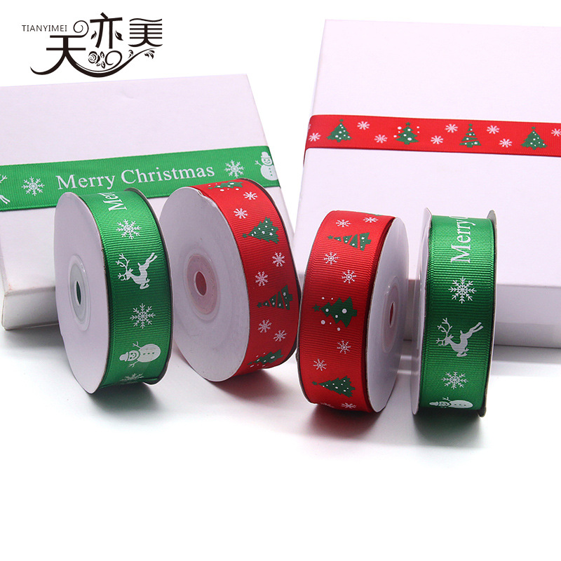 Cinta de embalaje de regalo de Navidad verde rojo 2,5 cm cinta de árbol de Navidad cinta de costilla de muñeco de nieve de Navidad al por mayor