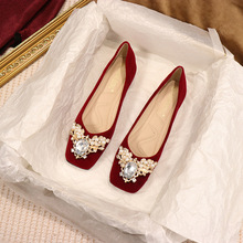 高级感婚鞋禾秀婚纱两穿中式红色平底红色新娘鞋女孕妇平跟不累脚