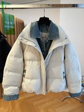 新款欧货宽松休闲牛仔拼接假两件羽绒服女冬季短款面包服外套