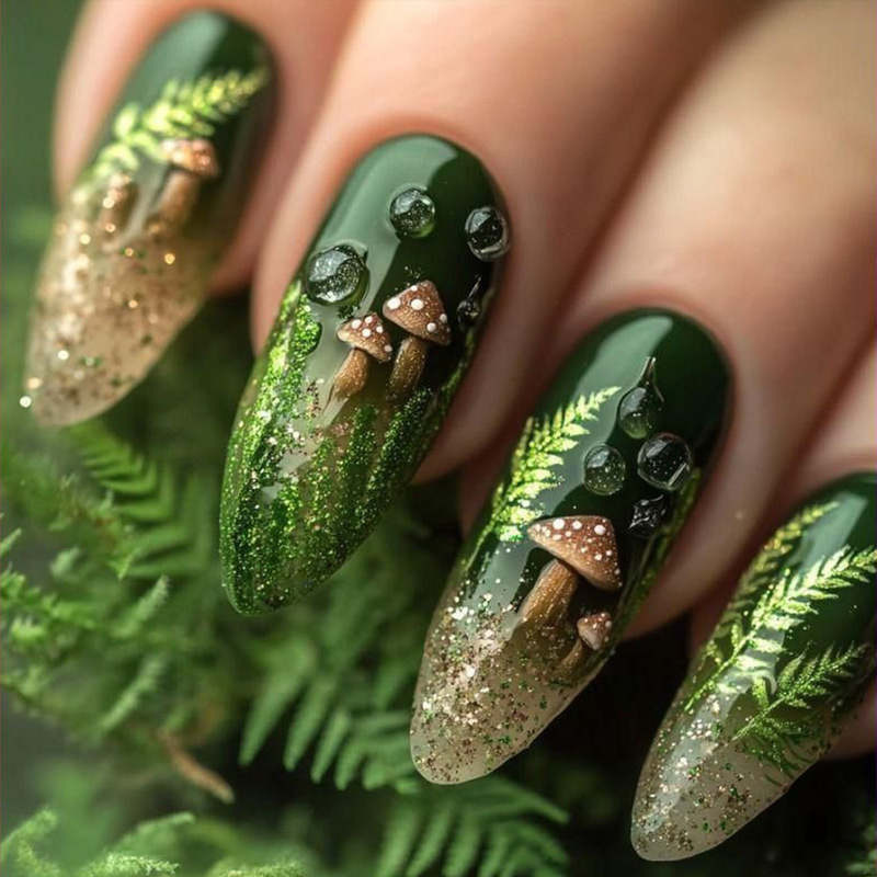 Cross-Border Green Forest Mushroom Style European and American Detachable False Nails Almond Nail Tips Wholesale Cross-Border Green Forest Mushroom Style European and American Detachable False Nails Almond Nail Tips Wholesale