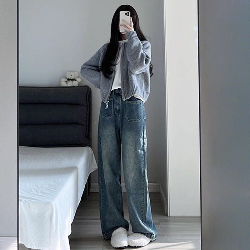 Grey short coat women's autumn and winter 2023 new loose zipper sweater cardigan long sleeve knitted top