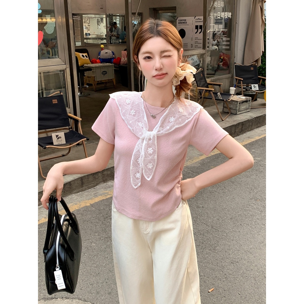 2025夏季蕾丝披肩正肩上衣女短款减龄内搭ins褶皱收腰短袖打底T恤