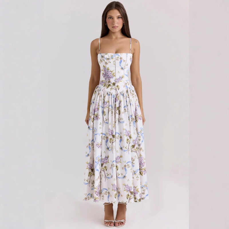 Amazon Cross-Border European and American Elegant and Gentle Style Slimming Floral Suspender Fairy Dress for Women