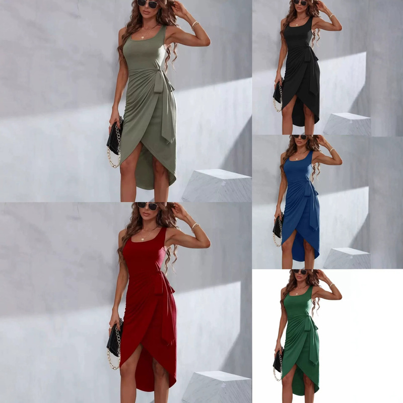 In-Stock Cross-Border European and American Summer Women's Dress, Irregular Solid Color Tie-Up Tank Top, Slit Square Neck Patchwork Dress In-Stock Cross-Border European and American Summer Women's Dress, Irregular Solid Color Tie-Up Tank Top, Slit Square Neck Patchwork Dress