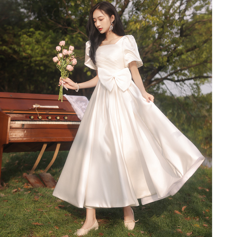 Vestido de noche blanco de las mujeres con certificado de registro vestido de compromiso de banquete de verano vestido blanco de satén francés vestido de boda ligero