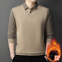 秋冬季加绒男士假两件保暖衣中年男式休闲翻领加厚条纹T恤衫上衣