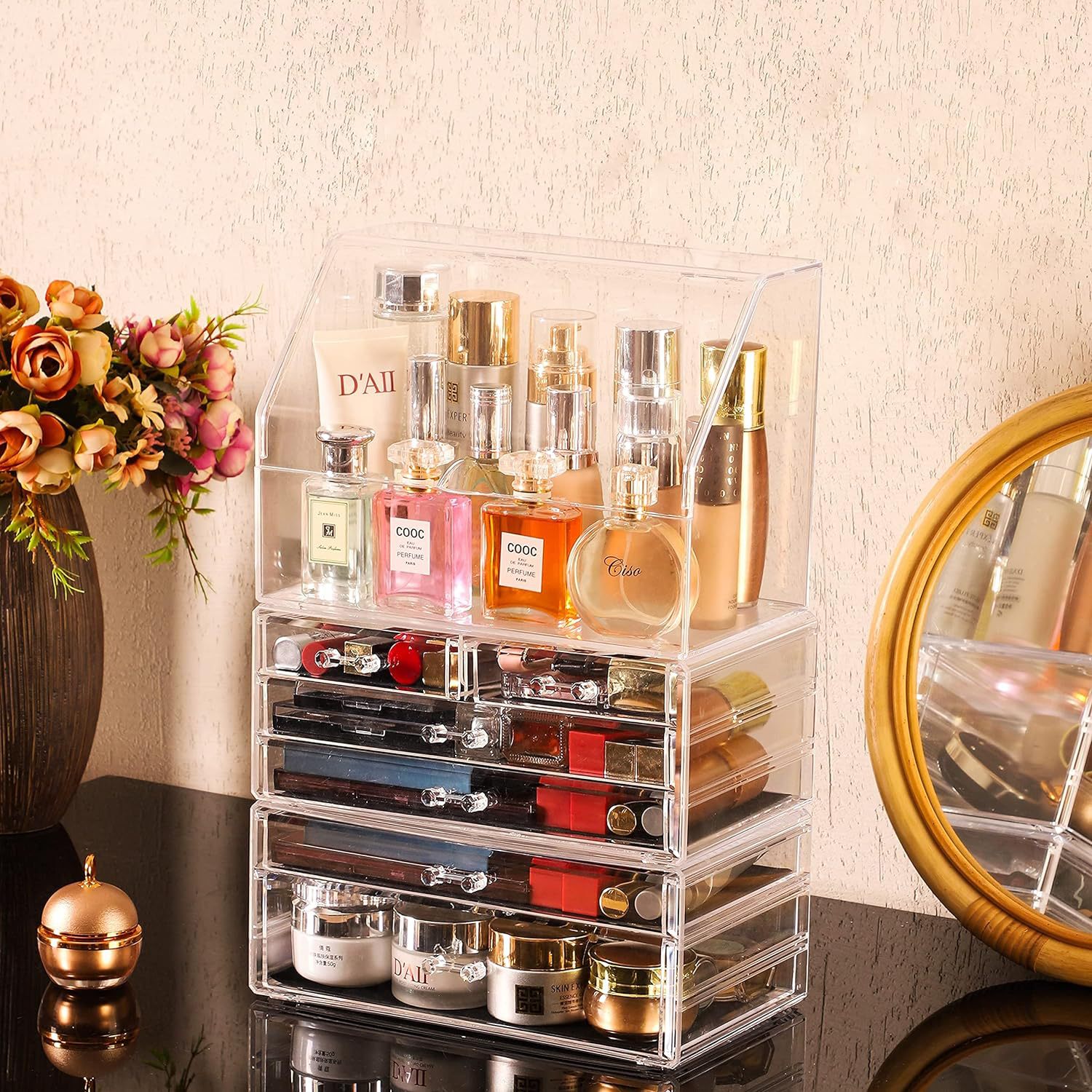 Caja de almacenamiento de cosméticos tipo cajón lujoso acrílico gabinete de almacenamiento de productos de cuidado de la piel con cubierta de gran capacidad estante de escritorio