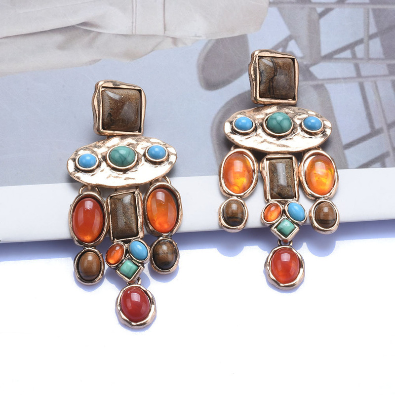 Europe and the United States big name ZA with Baroque style luxury retro mixed gem geometric pendant earrings cross-border supply Europe and the United States big name ZA with Baroque style luxury retro mixed gem geometric pendant earrings cross-border supply