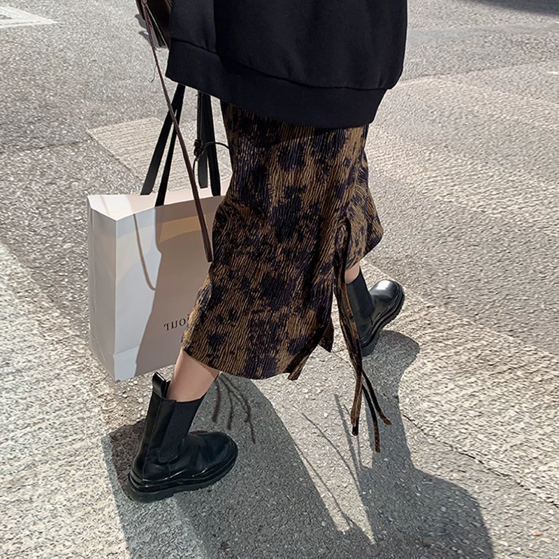 Ретро чернила и краска юбка-полуплатье женский большой размер толстый мм новая высокая талия с тонкими складками и длинная юбка осень-зима