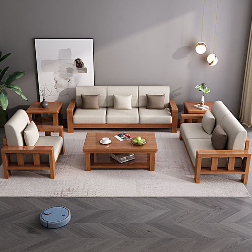 Chinese-style solid wood modern minimalist sofa set for rental apartments, small-sized living room sofa, queen-size corner fabric sofa