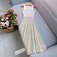 氛围感穿搭2025夏季新款彩色条纹V领修身显瘦针织连衣裙长裙女