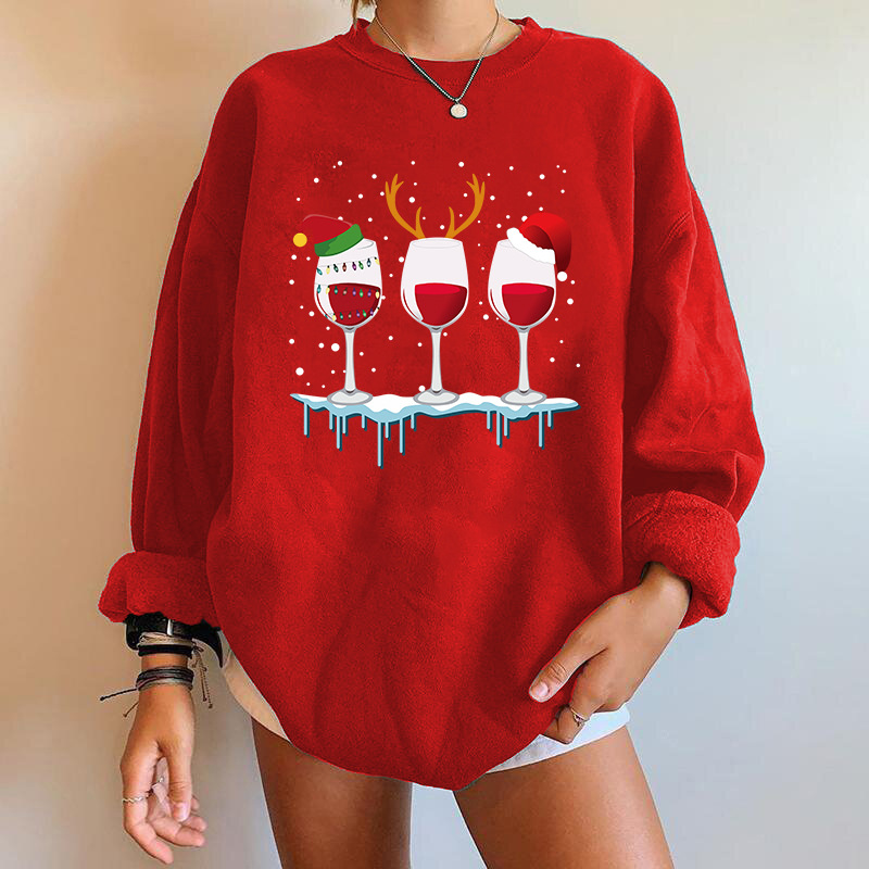Christmas Festival Wine Glass, Antlers Pattern Hoodies & Sweatshirts Long Sleeve Printing Streetwear Wine Glass Antlers