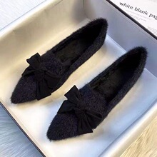 蝴蝶结毛毛鞋女冬外穿2025新款加绒保暖棉鞋兔毛鞋百搭平底豆豆鞋