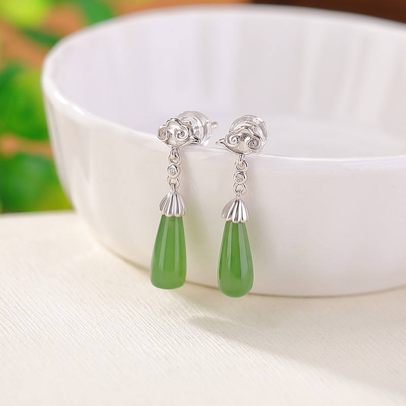 Khuyên tai nữ bạc S925 mạ vàng đính đá ngọc bích hình mây lành — Kiểu màu bạc