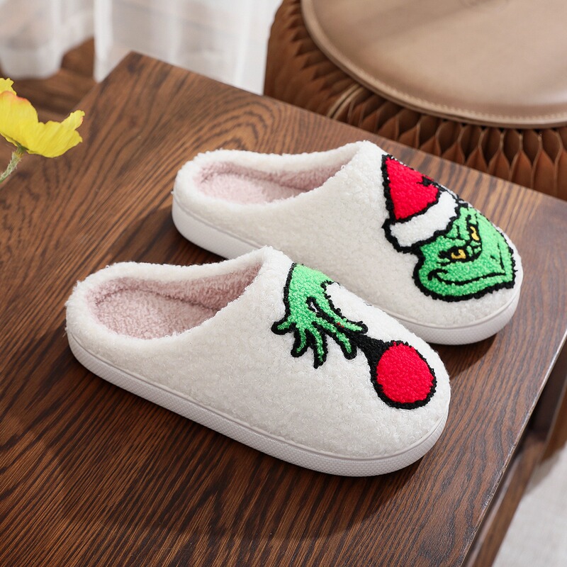 Amazon Cross-border Christmas Greenchi Cotton Home Cotton Slippers Half-head Warm Fleece-lined Furry Shoes Slides