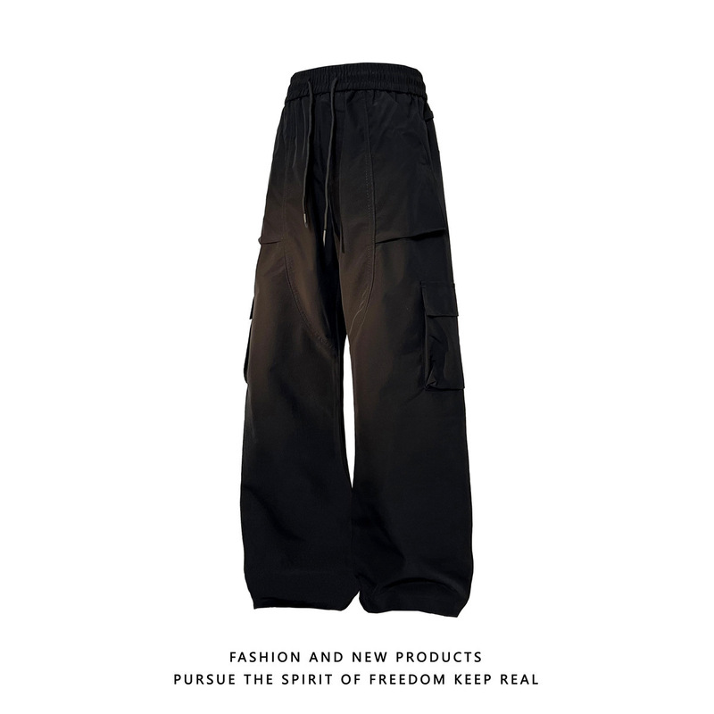 Trendy Black Workwear Casual Pants for Men, Summer American High Street Style, Cool Straight-Leg Long Pants, Versatile Wide-Leg Pants, Trendy