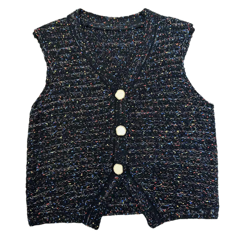 Estilo de Chanel con cuello en V Chaleco de punto cardigan de las mujeres del otoño desgaste exterior colorido hilado de alta Ji sentido split corto Chaleco de estilo occidental