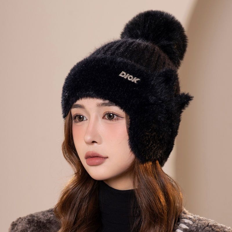 新款冬季针织棒球帽女秋冬骑车加厚防寒毛绒帽保暖甜美护耳毛线帽|undefined