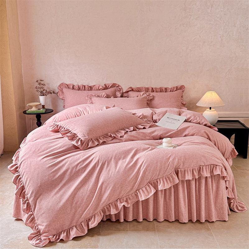 New Yarn-Dyed Hibiscus Cotton Bed Skirt Four-Piece Set Direct Sale Export Pillowcase Pure Cotton Single Quilt Cover Bedding Wholesale