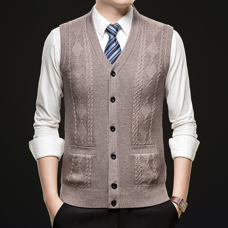 2025 Autumn and Winter New Style Middle-Aged and Elderly Knitted Vest Men's Outer Wear Pocket Cardigan Dad Wool Vest